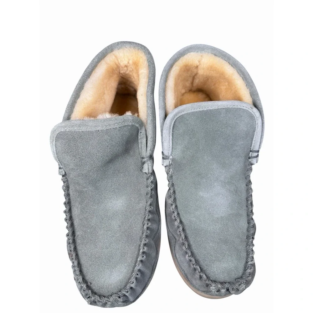 L.L. Bean Wicked Good Boot Moc Slippers Mens 9M Gray Suede Shearling Lined Cozy‎